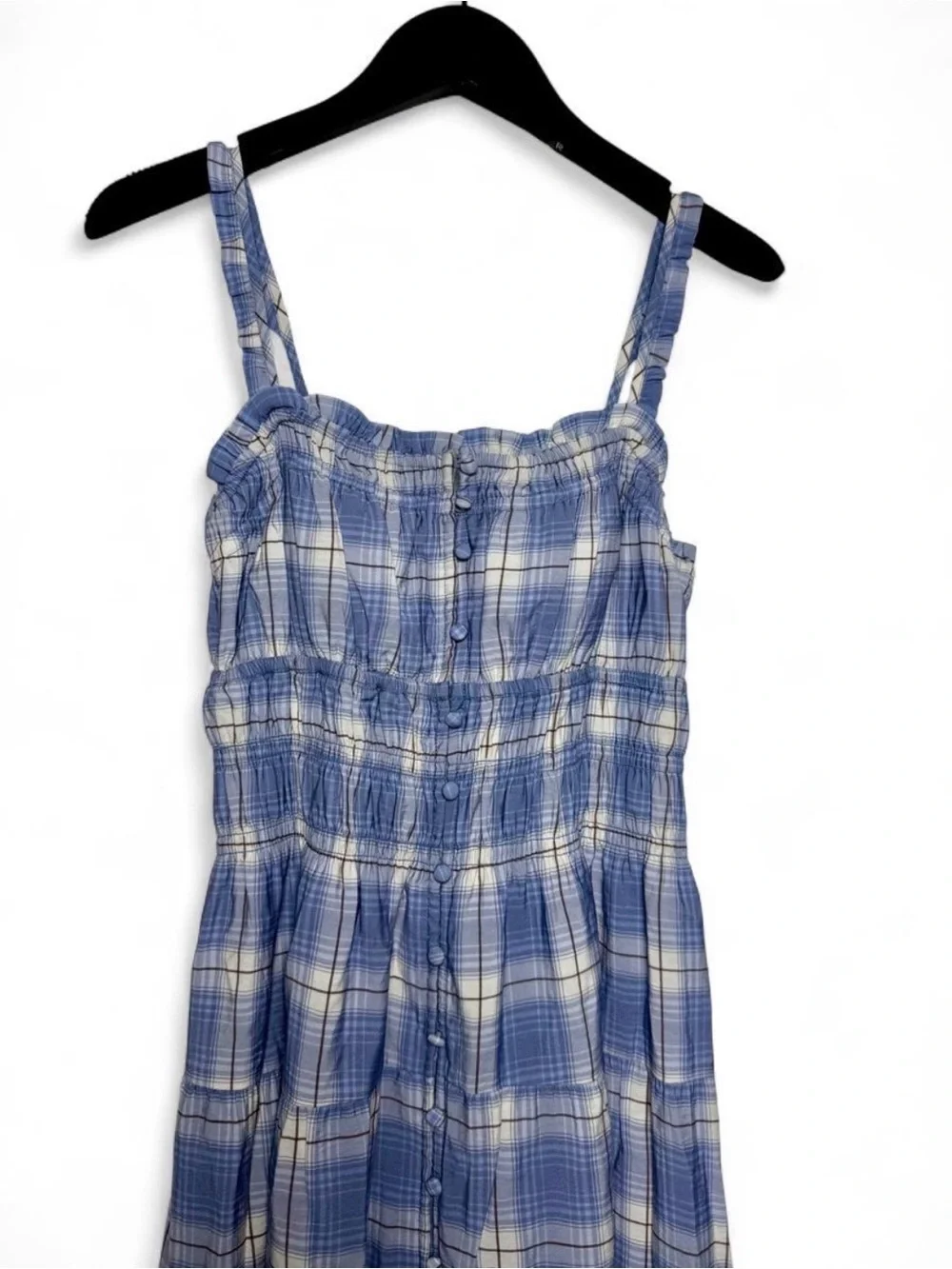 Abercrombie & Fitch Light Blue Plaid Smocked Maxi Dress